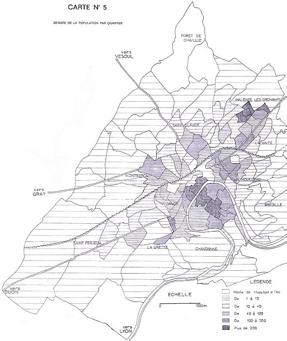 Besançon en 1964 - Densité de la population par quartier (Economies et réalités franc-comtoises n°72 - juillet-août 1964).