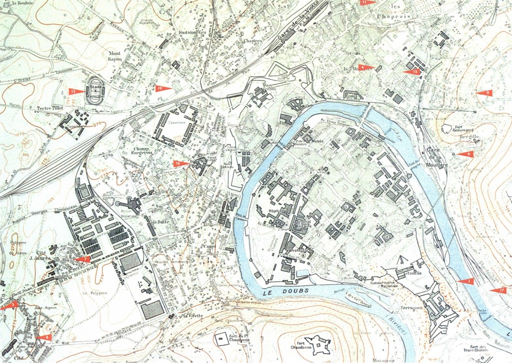 Plan de Besançon en 1937. En bas à gauche : flèche 7 = Saint-Ferjeux, flèche 8 = Rosemont.