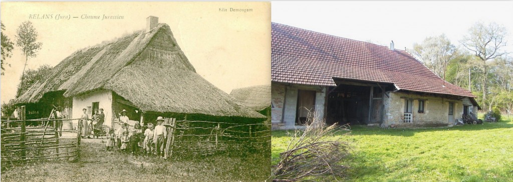 Maisons de la Bresse comtoise (jurassienne). A gauche, maison de Relans (photo communiquée par Marie-Hélène BLONDE). A droite, la maison de mes ancêtres JEANDOT, SIMERAY et PROST, sise rue des Promeneurs à Chaumergy (A. GAGNIEUX 2002).