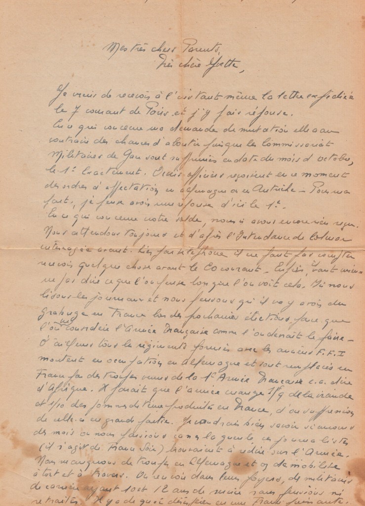 Mes Tres Chers Parents Date De Sortie Lettre du 10 septembre 1945 | Alain Gagnieux